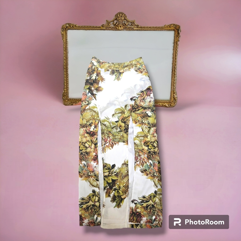 Sheike | Long skirt With High Thigh Splits | Size 10 | Colour White,Green&Brown - Picture 1 of 5